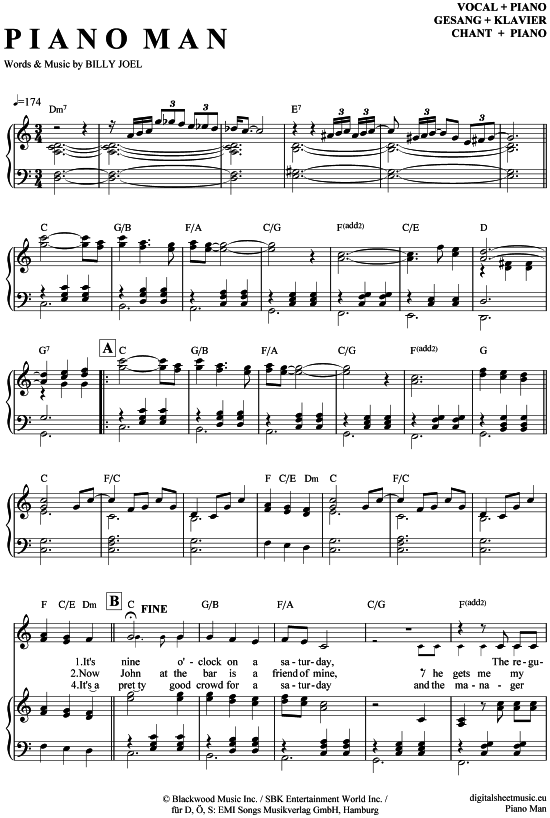 Piano Man (Klavier + Gesang) Billy Joel [PDF Noten]