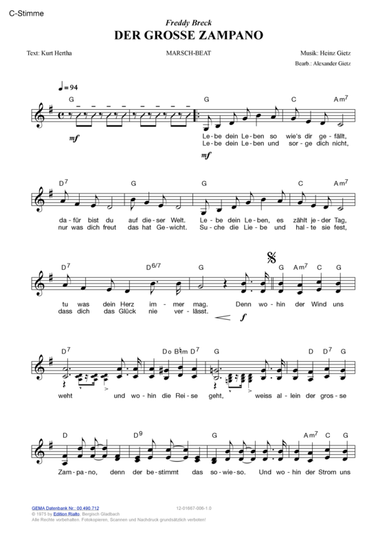Der grosse Zampano (Melodie-Stimmen in C B Es) (Stimmen in C B Es) von Freddy Breck
