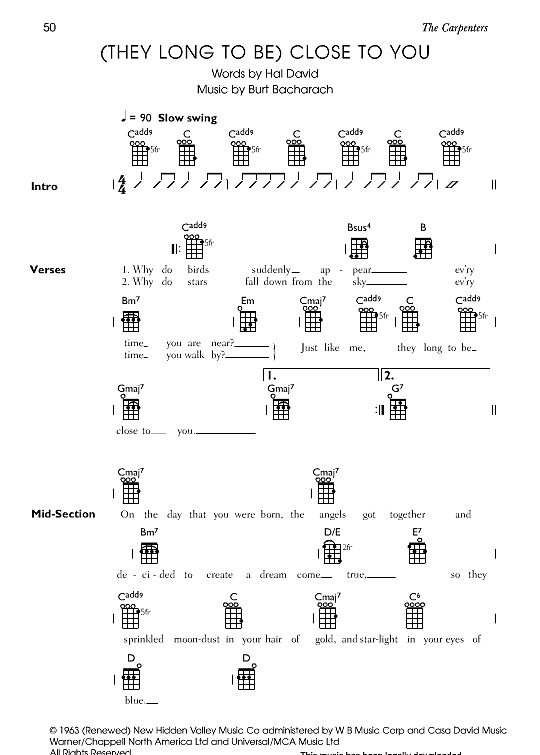 They Long To Be Close To You Ukulele Chord Songbook PDF Noten von The