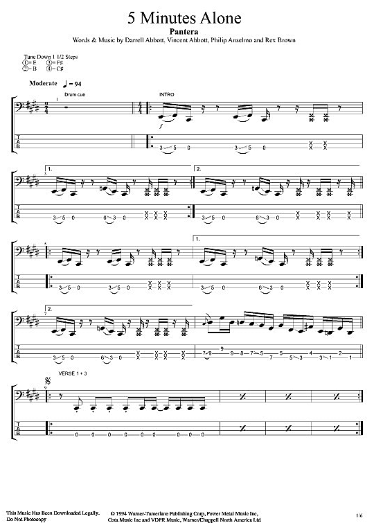 5 Minutes Alone Bass Tab PDF Noten von Pantera in Cis Moll fbd10992