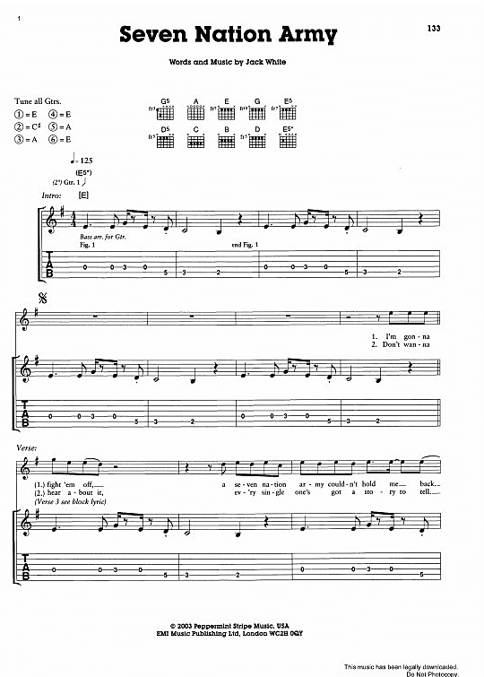 Seven Nation Army Gitarre Tab Pdf Noten Von The White Stripes In G Dur Fbd 1404