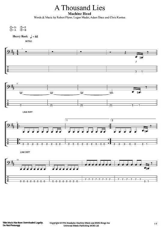 A Thousand Lies Bass Tab PDF Noten von Machine Head in Cis Moll fbd