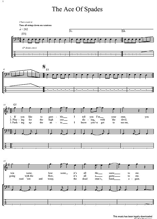 Ace Of Spades Bass Tab PDF Noten von Motorhead in G Dur fbd4631
