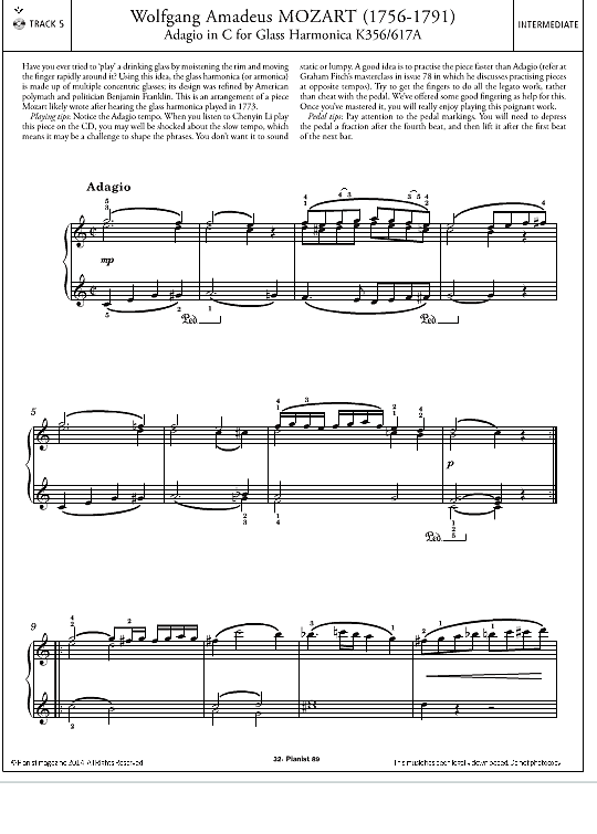Adagio in C for Glass Harmonica K356/617a Klavier Solo PDF Noten von