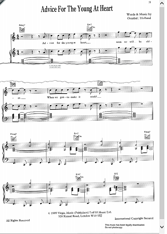 Advice For The Young At Heart Klavier, Gesang & Gitarre PDF Noten von Tears For Fears in C Dur