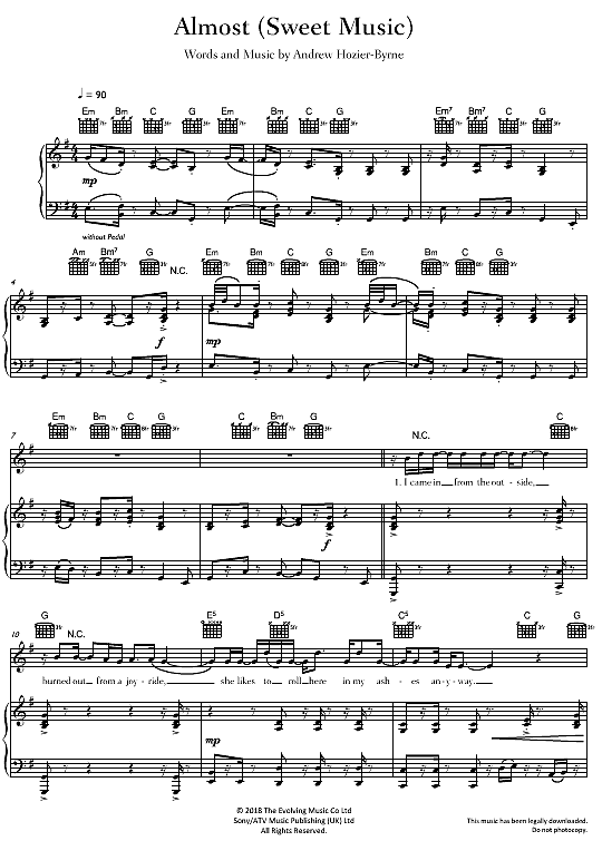 Almost Sweet Music Klavier, Gesang & Gitarre PDF Noten von Hozier in