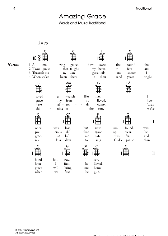 Amazing Grace Ukulele Chord Songbook PDF Noten von Traditional in C