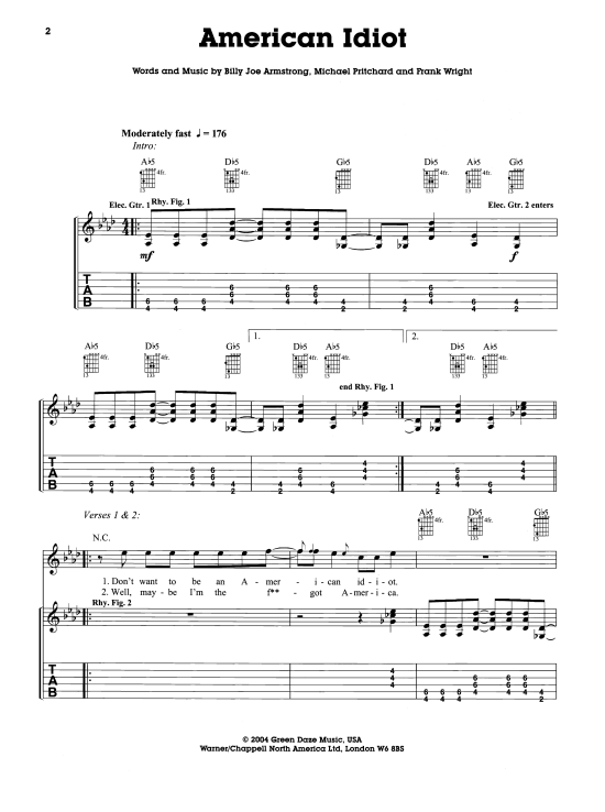 American Idiot Gitarre TAB PDF Noten von Green Day in fbd3507