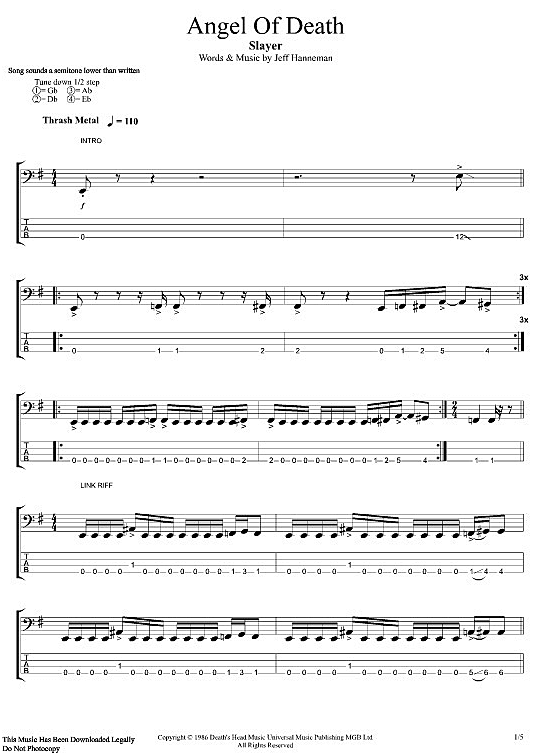 Angel Of Death Bass Tab PDF Noten von Slayer in E Moll fbd10964