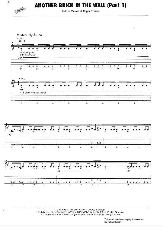 Another Brick In The Wall Part 1 Gitarre TAB - PDF Noten von Pink Floyd