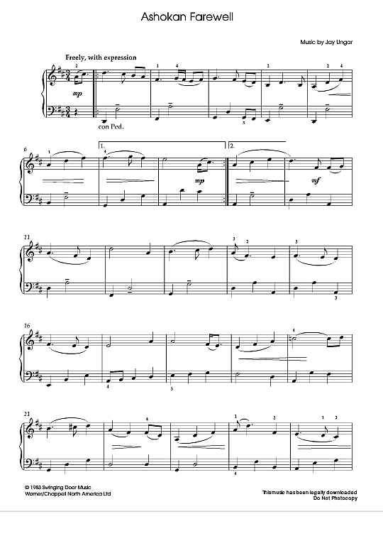 Ashokan Farewell Klavier Solo PDF Noten von Jay Ungar in D Dur fbd6249