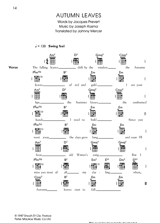 Autumn Leaves Ukulele Chord Songbook PDF Noten von Nat King Cole in E