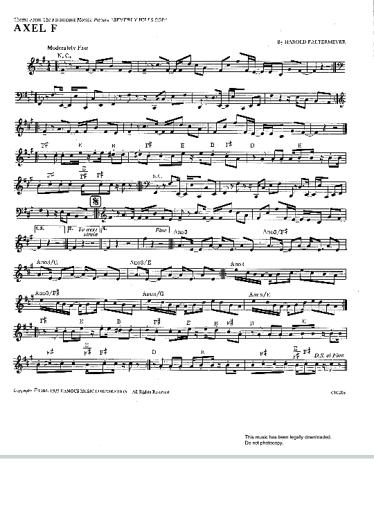 Axel F Melodie & Akkorde PDF Noten von Harold Faltermeyer in Fis Moll