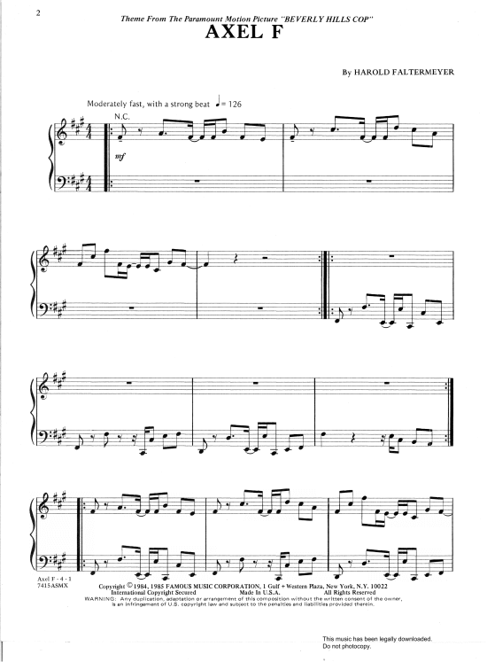 Axel F Klavier Solo PDF Noten von Harold Faltermeyer in Fis Moll