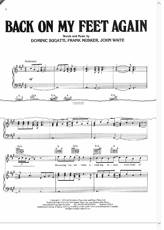 Back On My Feet Again Klavier, Gesang & Gitarre PDF Noten von The