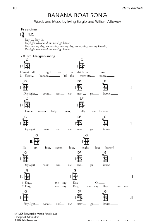Banana Boat Song DayO Ukulele Chord Songbook PDF Noten von Harry