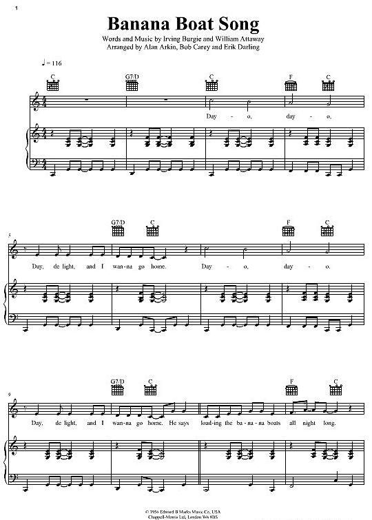 Banana Boat Song Klavier, Gesang & Gitarre PDF Noten von Shirley