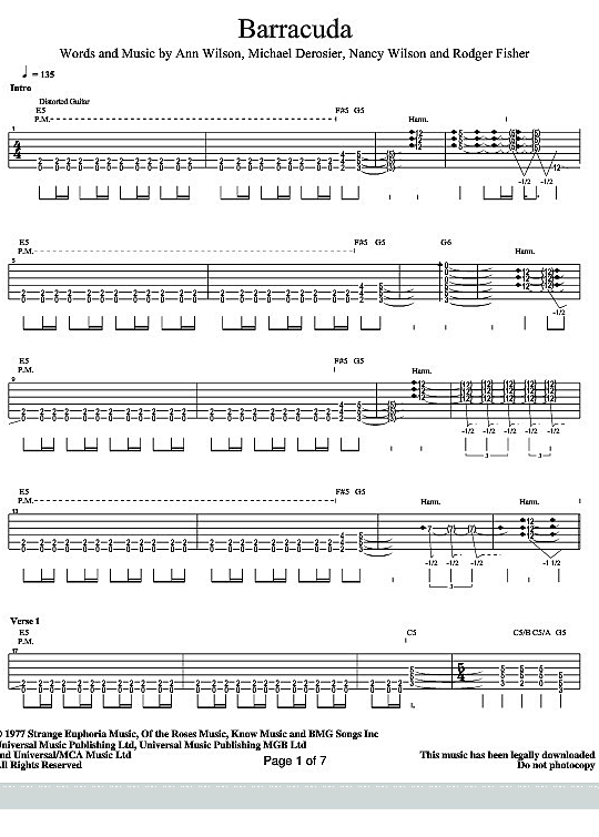 Barracuda Gitarre TAB PDF Noten von Heart in fbd6614