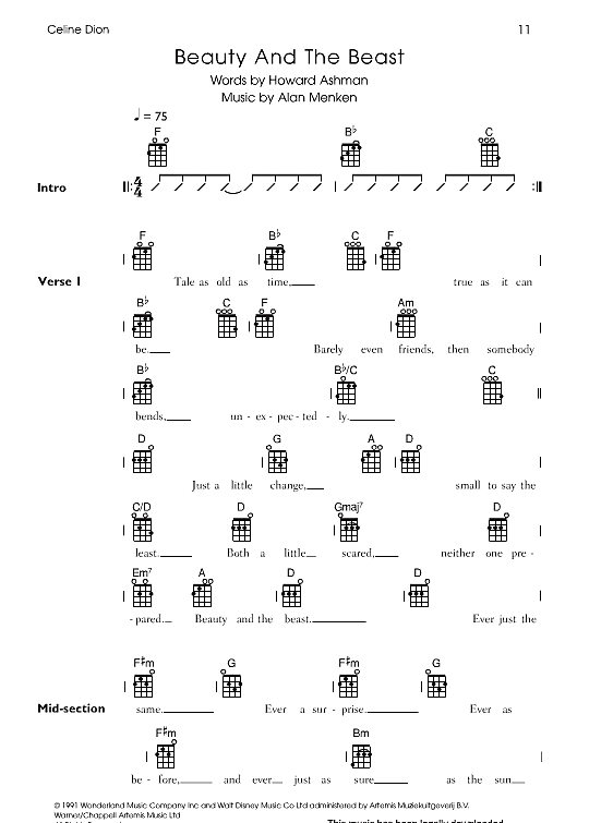 Beauty And The Beast Ukulele Chord Songbook PDF Noten von Celine Dion