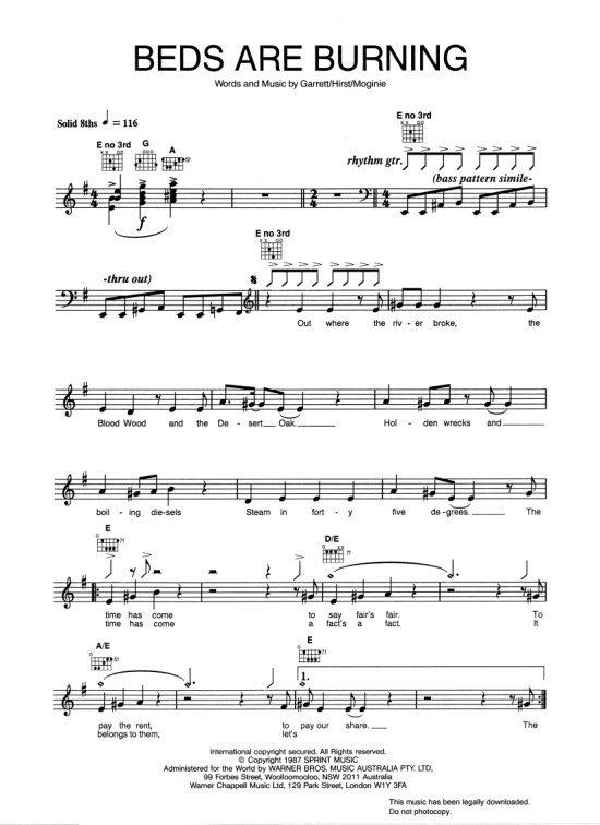 Beds Are Burning Melodie & Akkorde PDF Noten von Midnight Oil in G