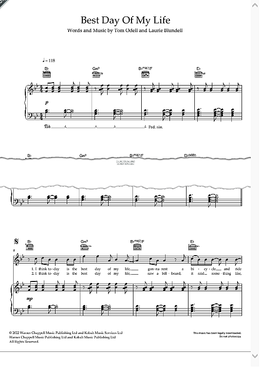 Best Day Of My Life Klavier, Gesang & Gitarre PDF Noten von Tom Odell
