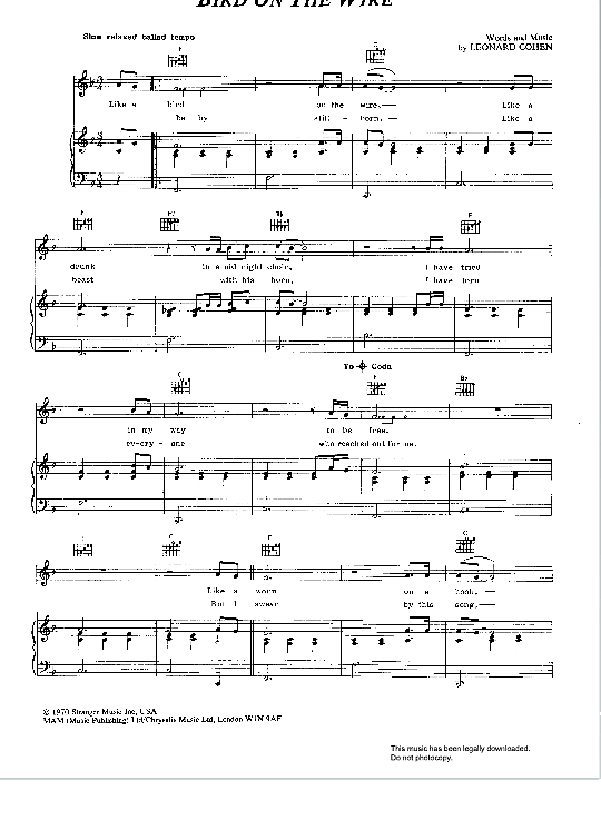 Bird On The Wire Klavier, Gesang & Gitarre PDF Noten von Joe Cocker in F Dur fbd30074