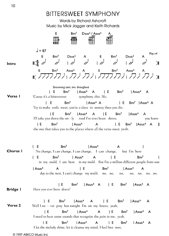 Bittersweet Symphony Ukulele Chord Songbook PDF Noten von The Verve