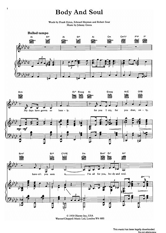 Body And Soul Klavier, Gesang & Gitarre PDF Noten von Billie Holiday