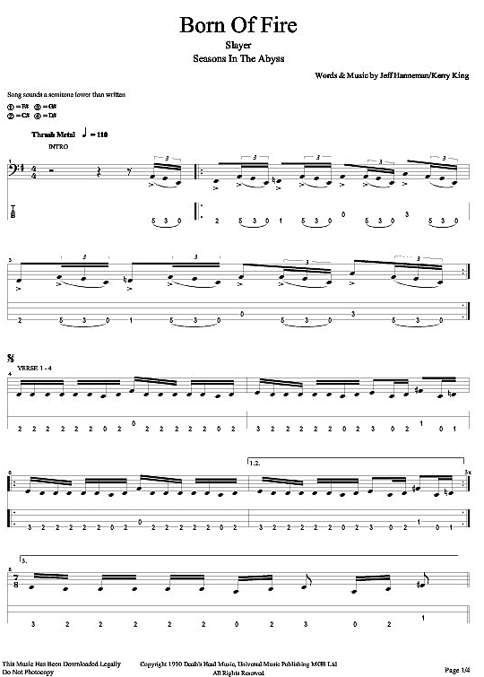 Born Of Fire Bass Tab PDF Noten von Slayer in Fis Moll fbd6137