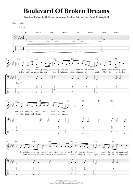 Boulevard Of Broken Dreams Bass Tab PDF Noten von Green Day in fbd232