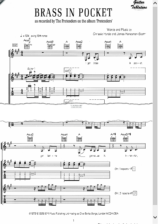 Brass In Pocket Gitarre TAB PDF Noten von The Pretenders in A Dur