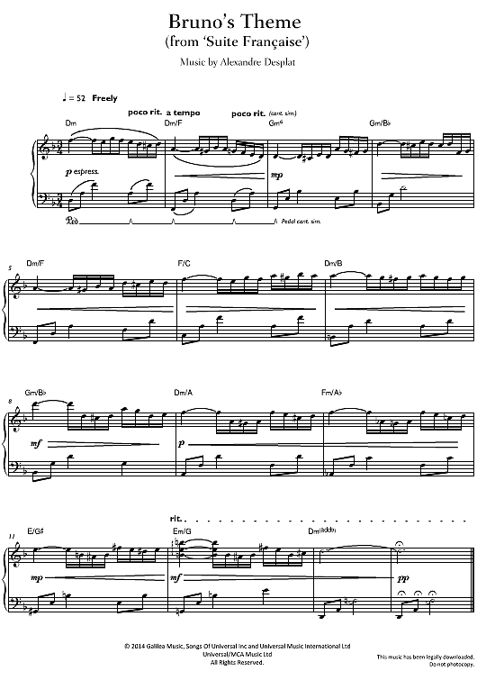 bruno s theme from suite francaise  klavier solo alexandre desplat