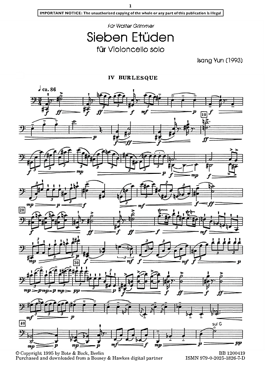 Burlesque 7 Etudes, No. 4 Solo 1 St. PDF Noten von Isang Yun in fbd