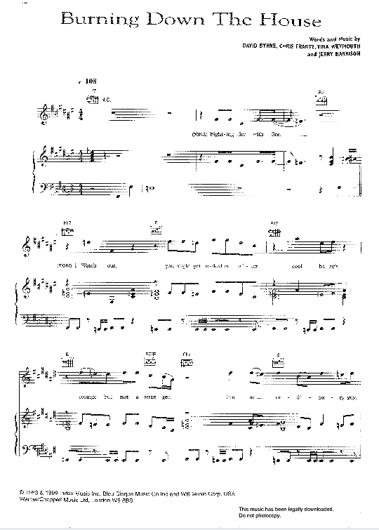 Burning Down The House Klavier, Gesang & Gitarre PDF Noten von Tom