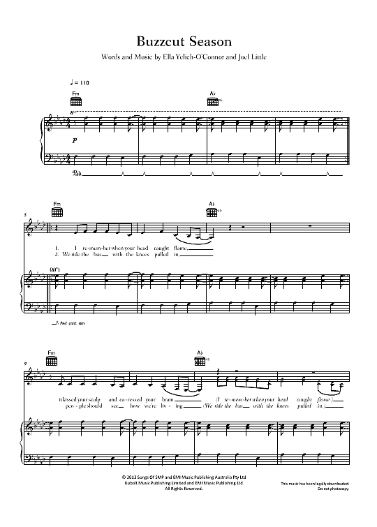 Buzzcut Season Klavier, Gesang & Gitarre PDF Noten von Lorde in Fm