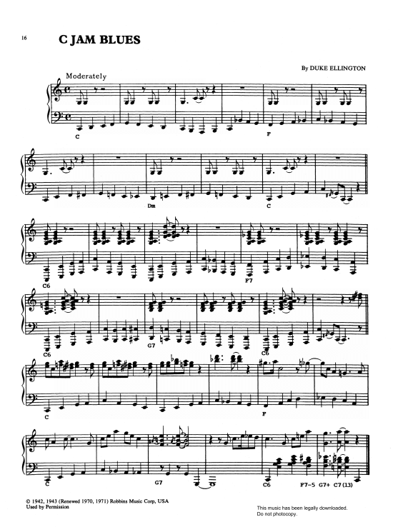 C Jam Blues Klavier Solo PDF Noten von Duke Ellington in C Dur fbd