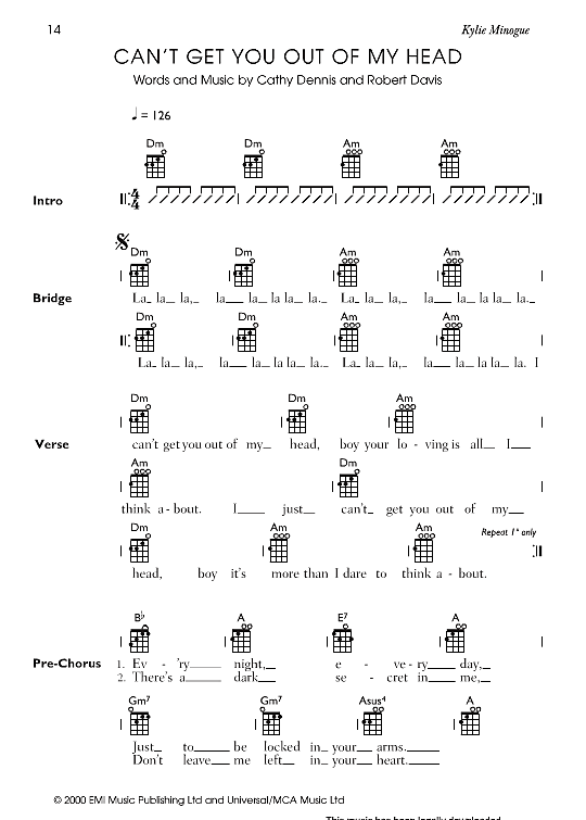 Can t Get You Out Of My Head Ukulele Chord Songbook PDF Noten von