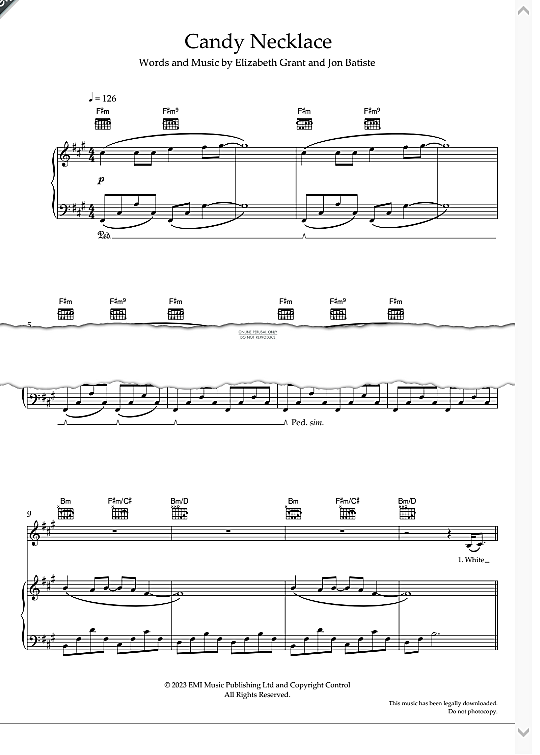 Candy Necklace Klavier, Gesang & Gitarre PDF Noten von Lana Del Rey