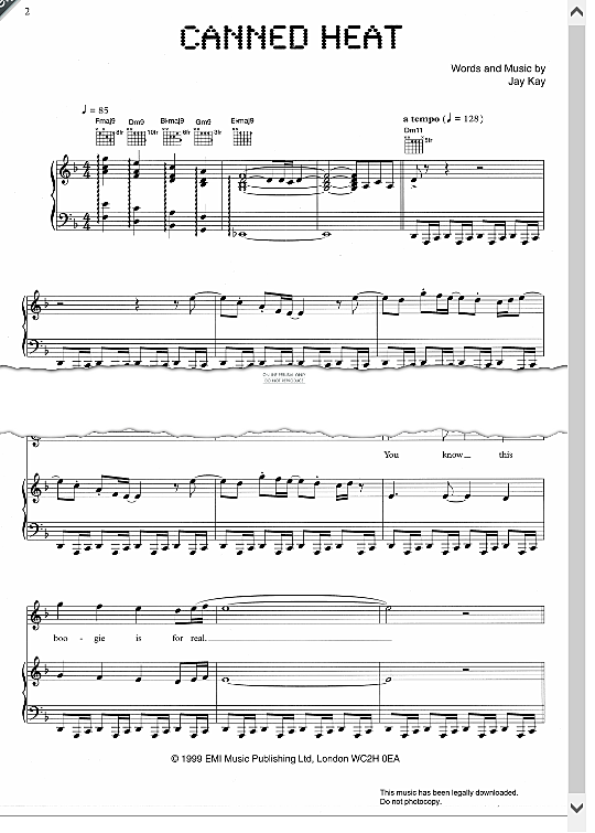 Canned Heat Klavier, Gesang & Gitarre PDF Noten von Jamiroquai in F
