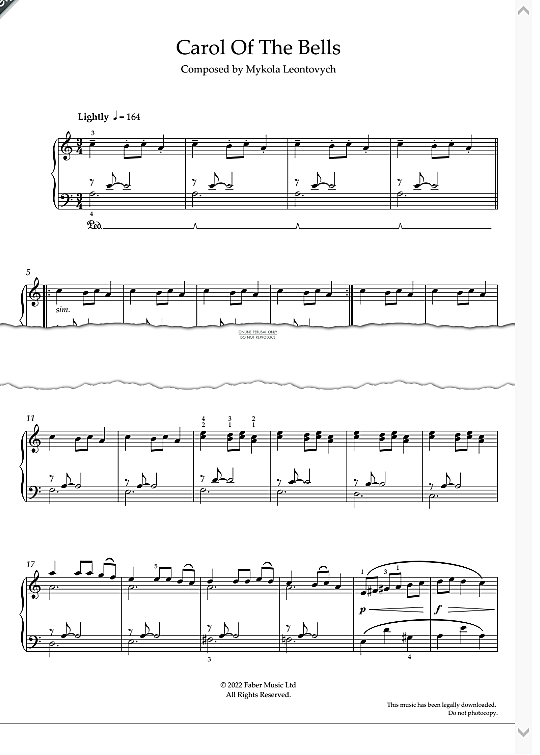 Carol Of The Bells Noten Klavier Einfach Carol Of The Bells Klavier Solo - PDF Noten von Mykola Leontovych in A
