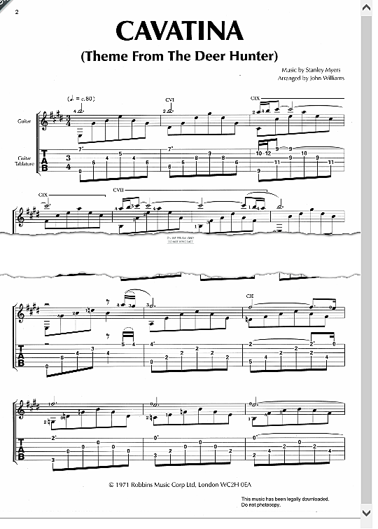 Cavatina Theme From The Deer Hunter Gitarre TAB PDF Noten von Stanley Myers in E Dur