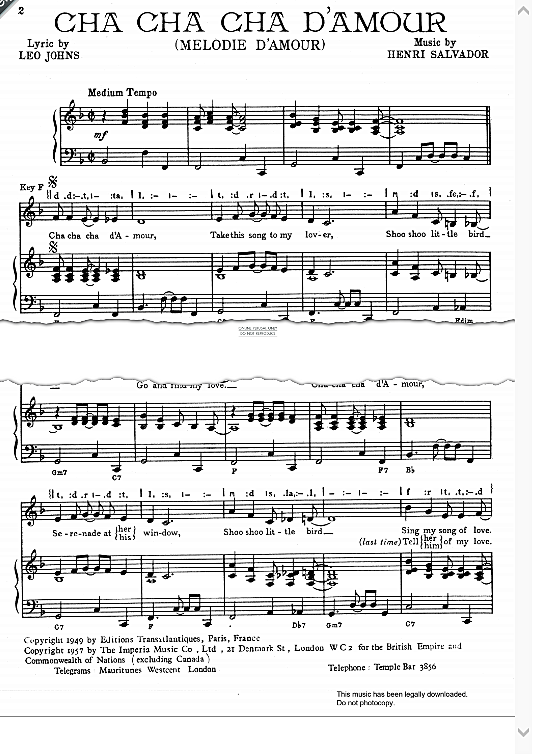 Cha Cha Cha D Amour Melodie D Amour Klavier, Gesang & Gitarre PDF Noten von Dean Martin in F Dur