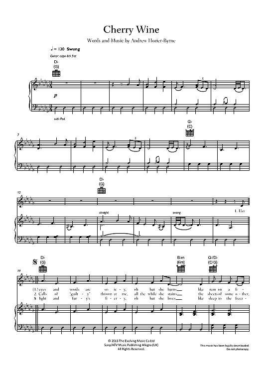 Cherry Wine Klavier, Gesang & Gitarre PDF Noten von Hozier in Des Dur fbd26797