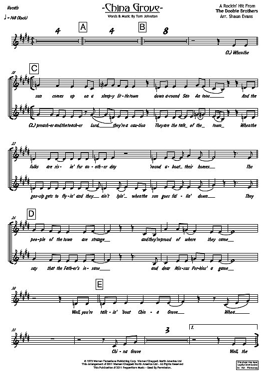 China Grove Band 4 Bläser mit Bari Sax PDF Noten von The Doobie Brothers in E Dur fbd13469