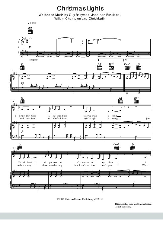 Christmas Lights Klavier, Gesang & Gitarre PDF Noten von Coldplay in