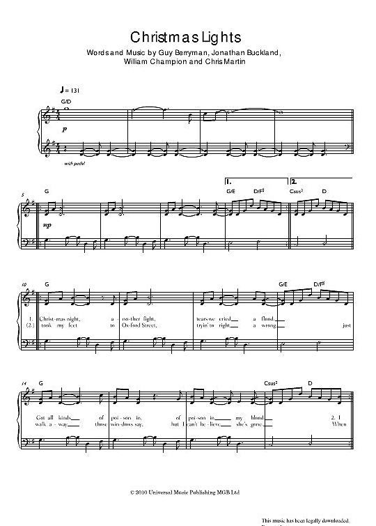 Christmas Lights Klavier einfach PDF Noten von Coldplay in fbd18672