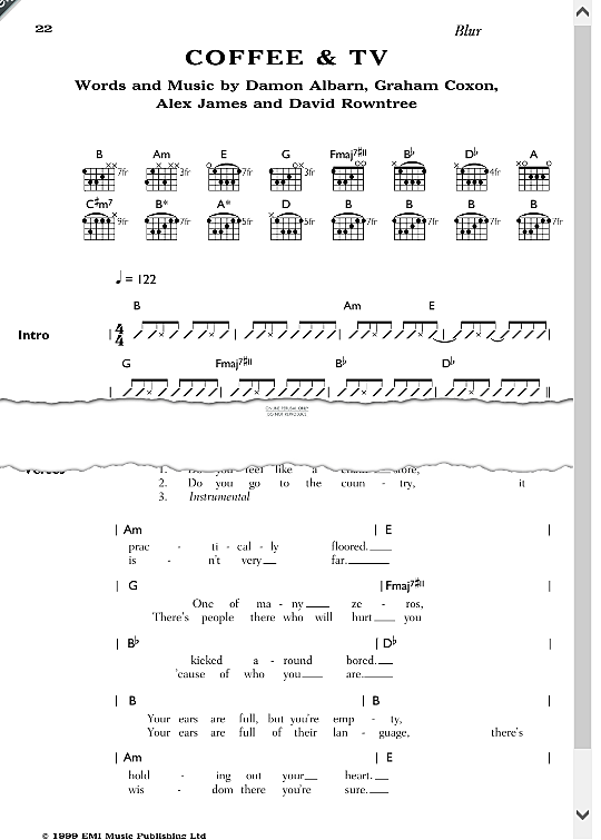 Coffee & TV Songbook mit Akkorden PDF Noten von Blur in fbd44273