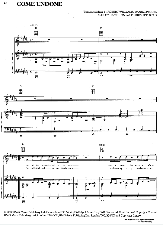 Come Undone Klavier, Gesang & Gitarre PDF Noten von Robbie Williams in H Dur fbd6839