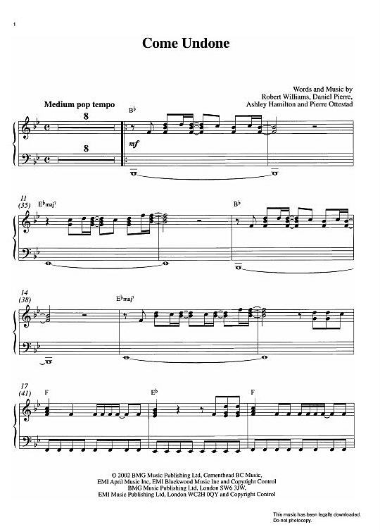 Come Undone Klavier Solo PDF Noten von Robbie Williams in B Dur fbd4002