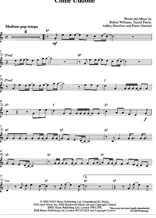 Come Undone Solo 1 St. PDF Noten von Robbie Williams in fbd4966